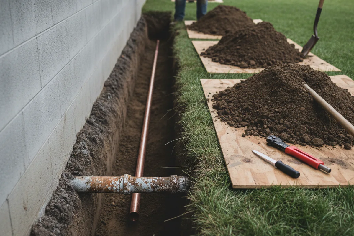 Excavated water line trench during Water Heater Repair in Wingo